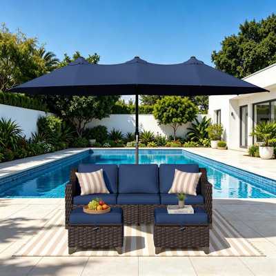 4-Piece Outdoor Wicker Patio Conversation Set with Double Top Rectangular Patio Umbrella