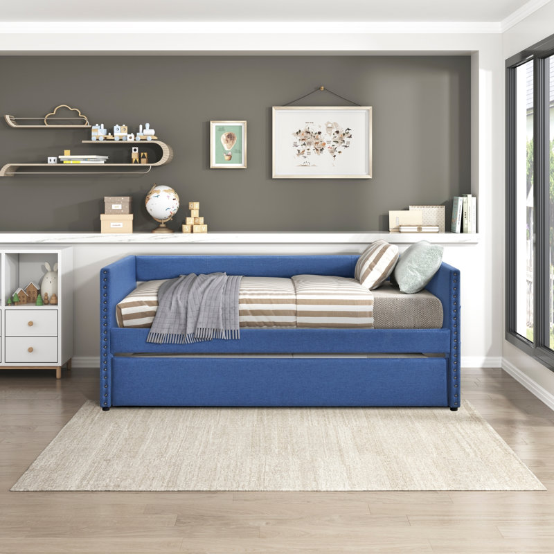 Lit de jour moderne avec lit gigogne escamotable et poches latérales, Bleu