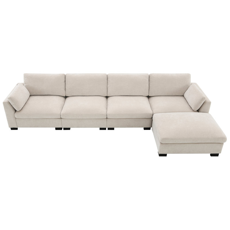 [VIDÉO] Canapé modulaire modulaire de 130 po, en forme de L avec table pliante et double port de charge, poches de rangement latérales, 2 coussins d'accoudoirs, repose-pieds à mouvement libre, mousse haute densité, chenille, 5 sièges, 2 couleurs