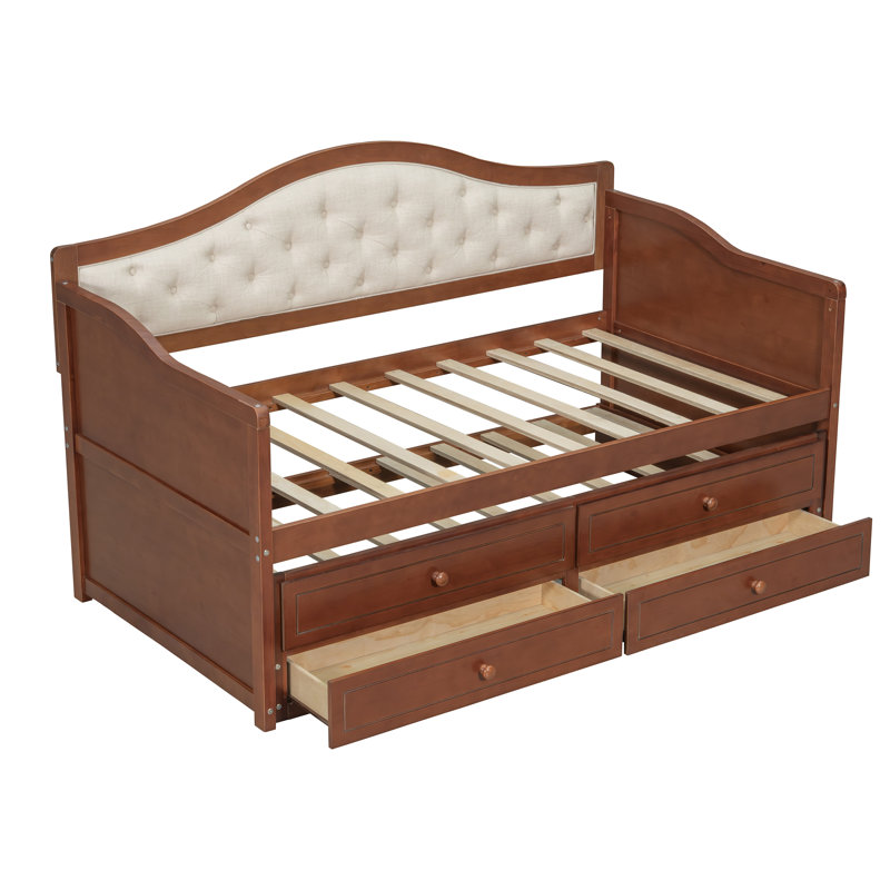 Walnut Twin Daybed with Trundle & 2 Storage Drawers — Button-Tufted Wooden Sofa Bed for Living/Bedroom/Guest Room, Walnut