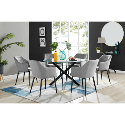 Bernell Modern Chrome Metal & Glass Round Dining Table Set with 6 Luxury Button Velvet Chairs