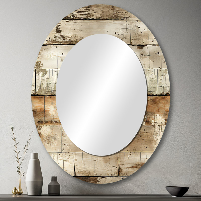 Rustic Farmhouse Weathered Planks - Large Oval Wall Mirror On Metal, 43" H x 33" W