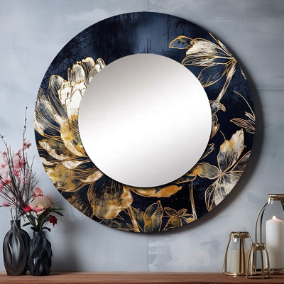 Shelleen Gold Blue Carnation Flower V - Carnations Unique Wall Mirror, Traditional Round Mirror, Printed Metal Art