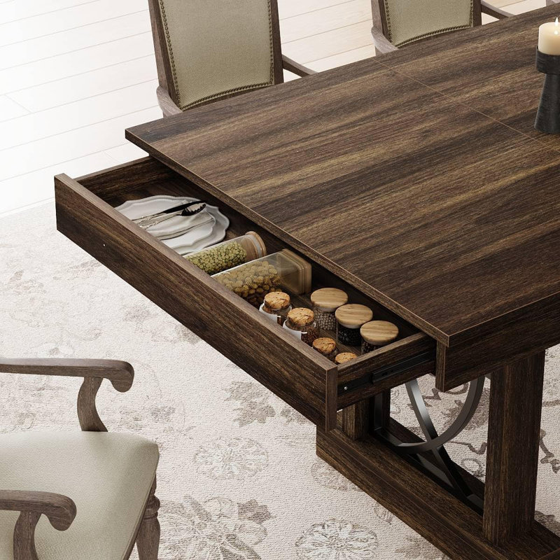 71-Inch Rectangular Dining Table with Two Drawers, Wooden Kitchen Table w/Large Tabletop & Sturdy Frame, Large Dining Table for 6-8 with Double Pedestal, for Dining Room, Office