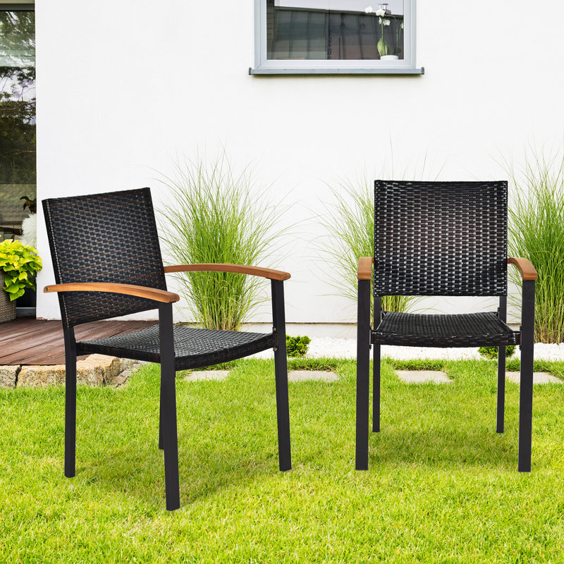 Rustic Wicker Dining Armchair with Cushions and Acacia Wood Armrests