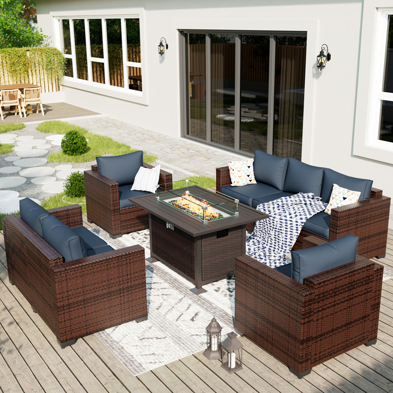 Azoriah 7-Person Wicker Outdoor Seating Group with Fire Pit Table, Navy, 26" H x 44.5" W x 28" D