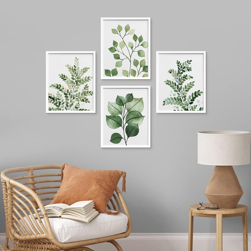 «Green Pastel Forest Fern Leaf», reproduction encadrée de 4 pièces, H 14 po x l 11 po x P 1 po, Cadre blanc