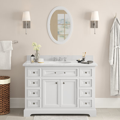 Meuble-lavabo de comptoir en marbre blanc Carrara de 48 po avec robinet et miroir Derby