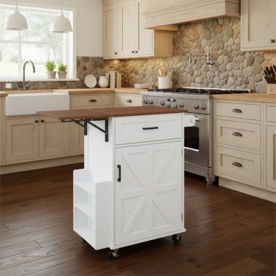 This Fresh White Farmhouse Kitchen Cart Features A Folding And Expandable Design With Full Storage, Making It Flexible And Suitable For Various Scenarios.
