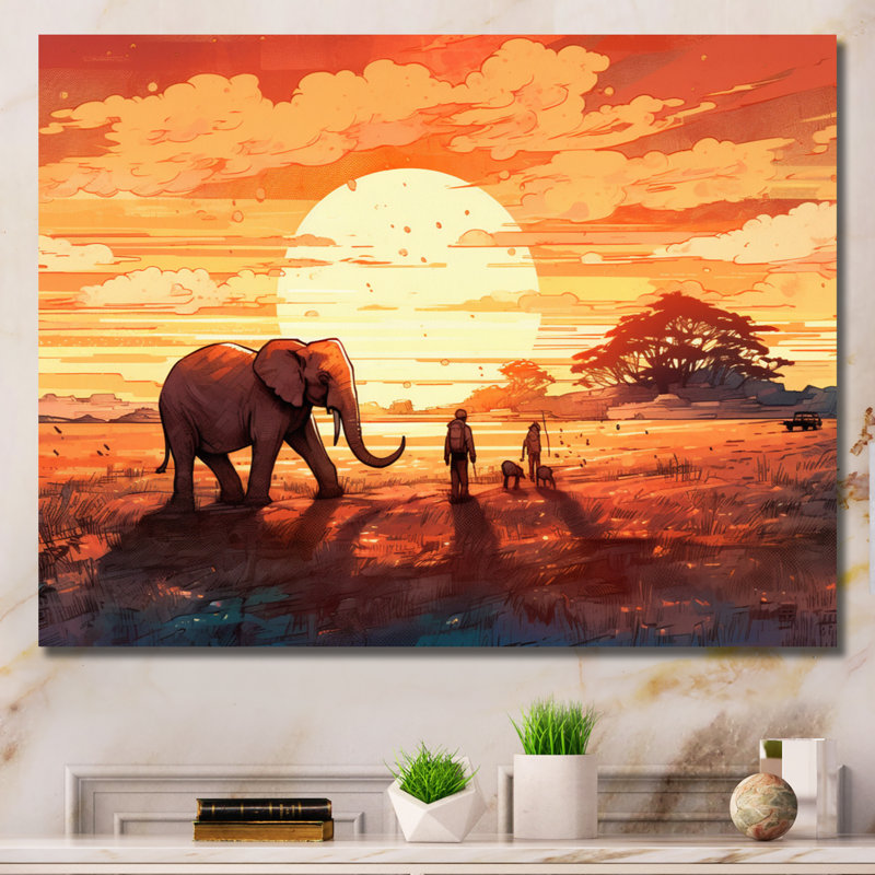 Orange orange safari avec éléphants III sur toile, H 12 po x l 20 po x P 1 po, Toile tendue