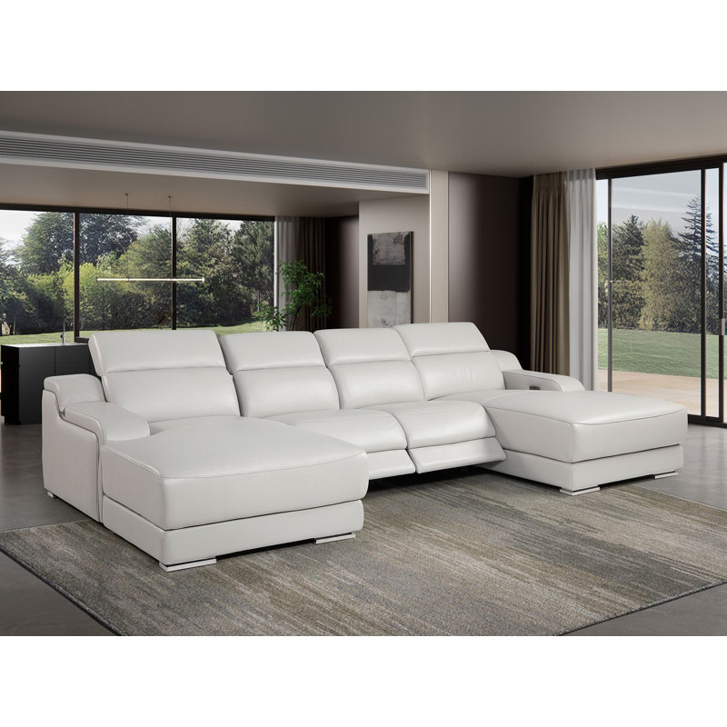 Canapé modulaire en cuir italien 4 pièces Clairemont gris clair avec 2 fauteuils inclinables électriques et appuis-tête réglables Clairemont
