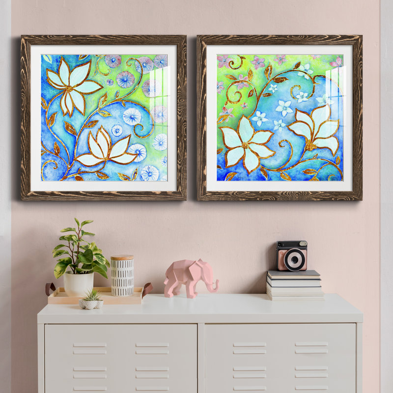 Garden Fantasy I - ensemble de 2 peintures encadrées, H 31,5 po x l 63 po x P 1,5 po, Encadré de bois de noyer