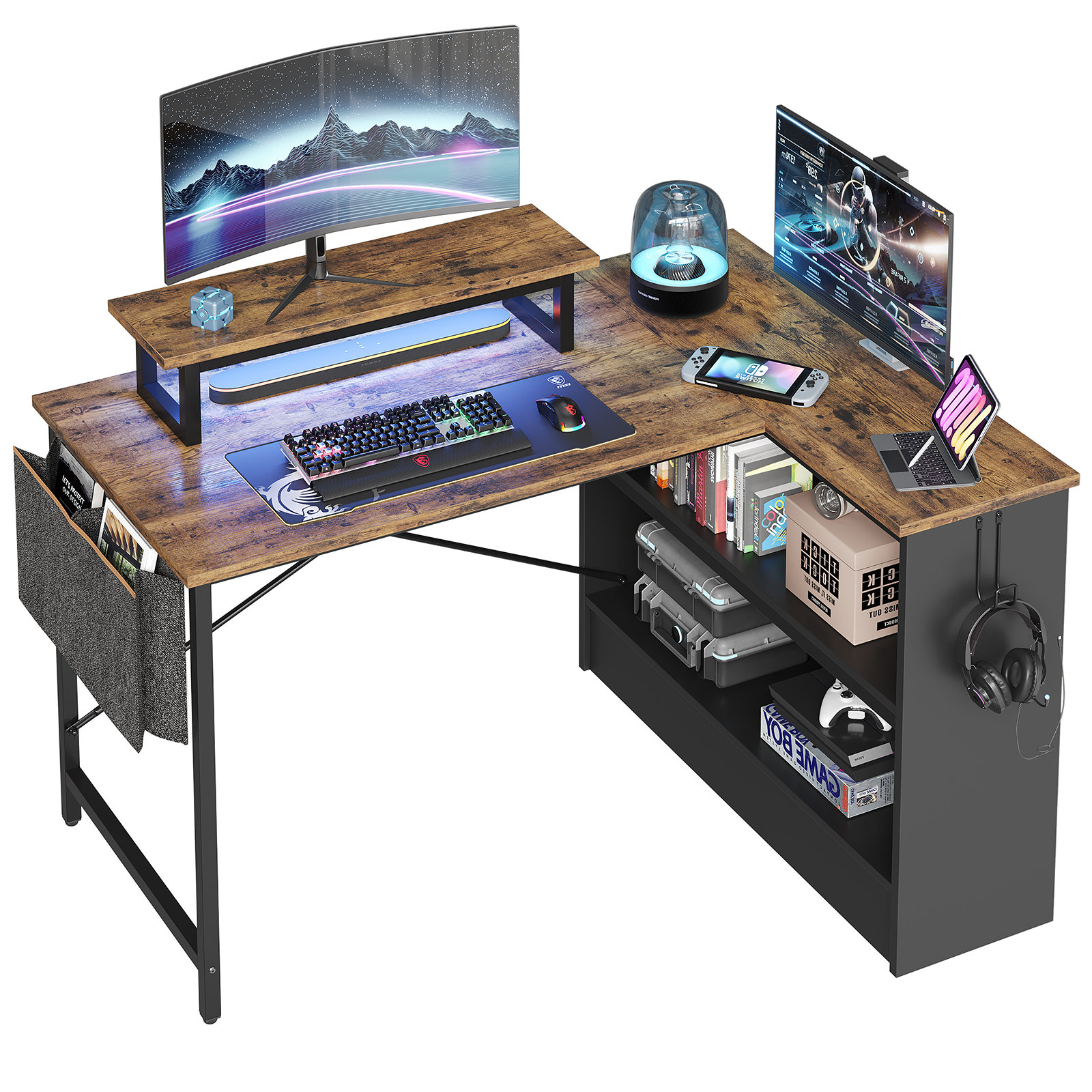 Cherell 42inch Small L Shaped Desk with LED Strip, Modern Computer Desk with Reversible Storage Shelves 17 Stories Top Color: Rustic Brown