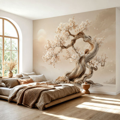 Wall Mural Peel and Stick Wallpaper Elegant Cherry Blossom Tree Branch Flowing Waves Soft Beige Monochrome Self-Adhesive Removable Contact Paper Wall Decor for Living Room Bedroom 69"H x 96"W