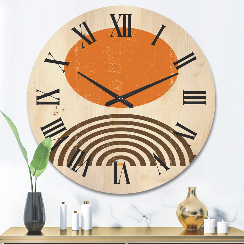 Horloge murale en bois abstrait abstrait soleil et arc-en-ciel I, Très grand