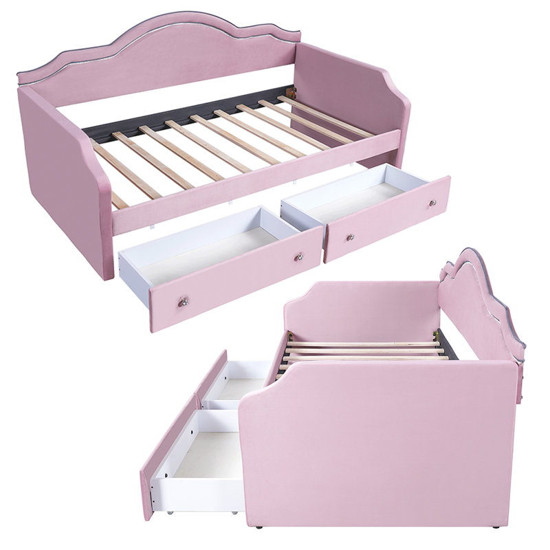 Upholstered Daybed With Led And 2 Drawers, Twin, Pink