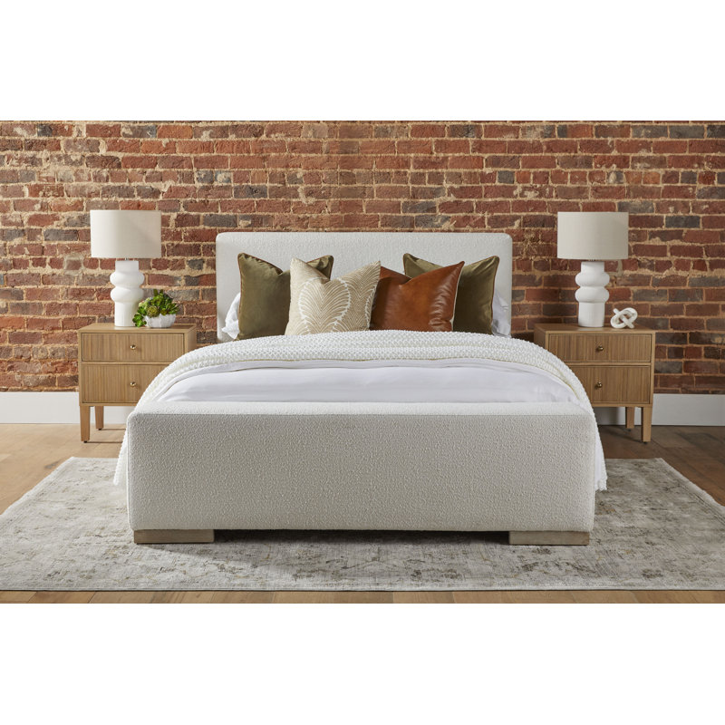 Elegant Queen-Sized Boucle Upholstered Bed with Natural Gray Oak Frame
