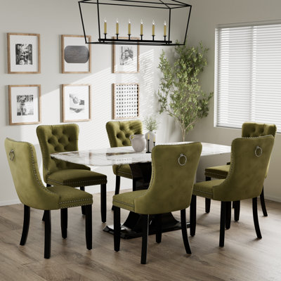 Ensemble repas rectangulaire à piédestal en marbre avec chaise de salle à manger capitonnée en velours
