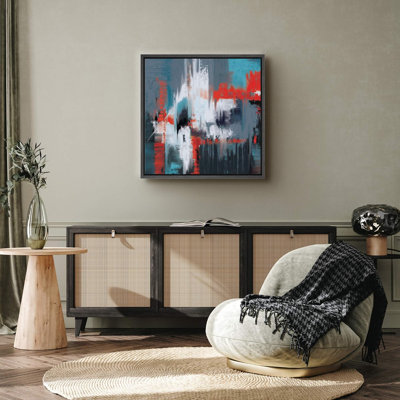 Sarcelle, noir, rouge et blanc, coup de peinture encadré sur toile