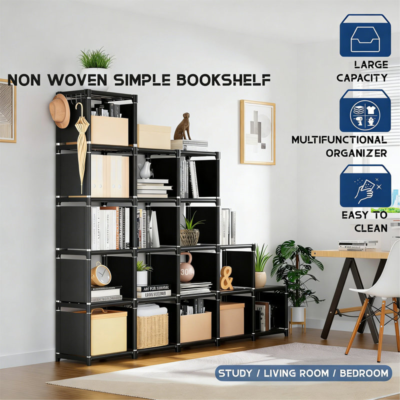 18-Cube Large Bookcase, DIY Storage Organizer For Bedroom, Living Room, Office In Black, Black