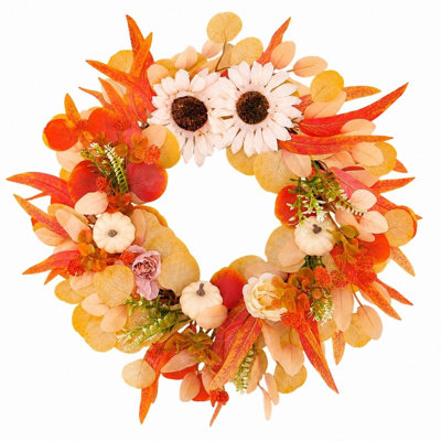 Couronne d'automne pour porte d'entrée Couronne d'automne de 19,7 pouces avec tournesols blancs, mini citrouilles blanches, feuilles d'automne mélangées et fleurs délicates, couronne de porte d'automne neutre pour utilisation extérieure ou intérieure, couronnes de l'Action de grâce pour porte d'entrée