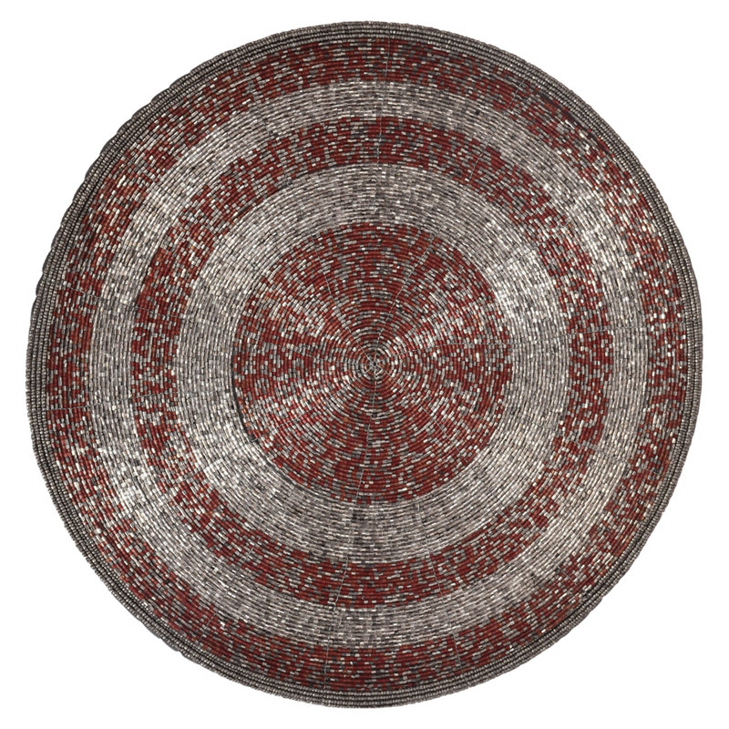 Penman Handmade Round Beaded Placemats Set of 4 – 14-inch Scratch-Resistant Table Decor Christmas Gift, Red Silver