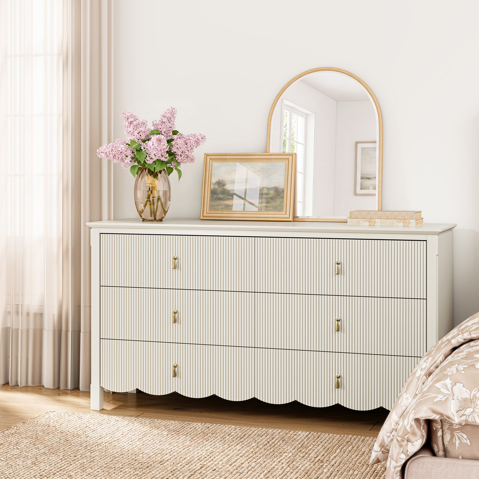 Sofia Wood 6 Drawer Reeded Dresser, Cream