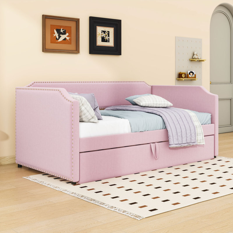 Twin Upholstered Daybed with Lift-Up Trundle Bed, Pink