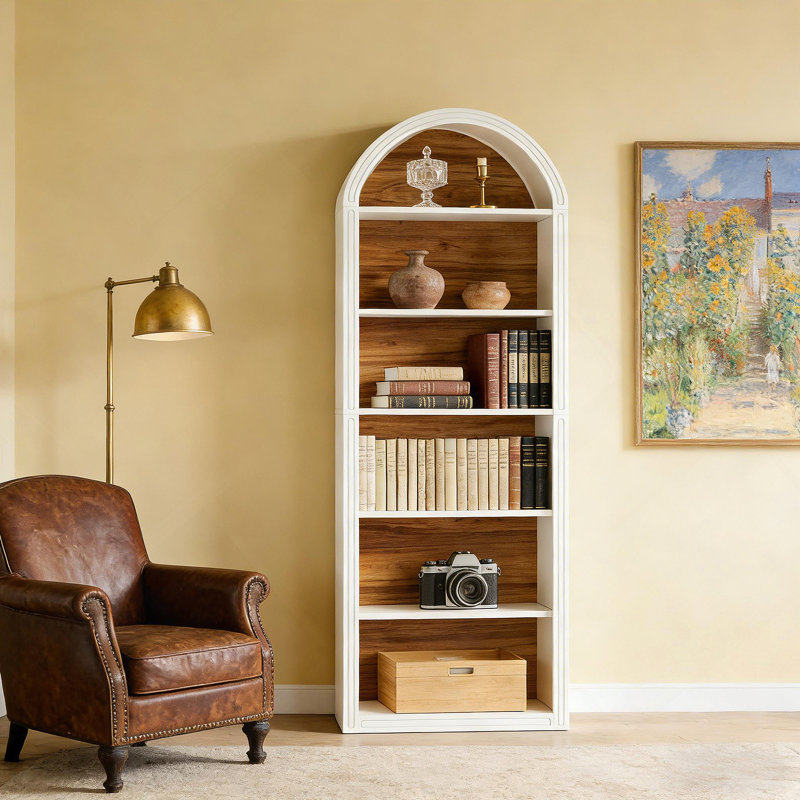 Storage Display Shelf,Elegant Arch Design Bookshelf, (6 Shelves) 77.22"H x 31.52"W x 11.82"D, White