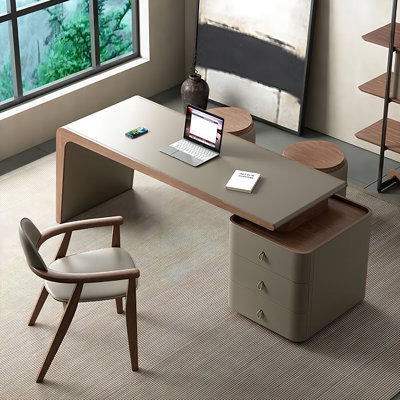 62.99"Tan Rectangular Saddle Leather Wood Desk,3-drawer