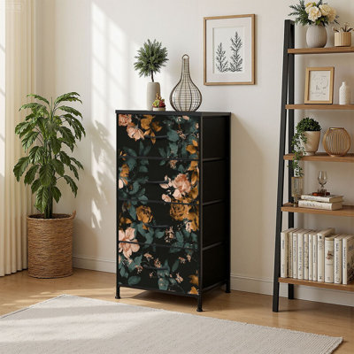 4 Drawer Vertical Storage Dresser Flowers Abstract flowers floral leaves with Wood Top Fabric Pull Drawers by Ebern Designs