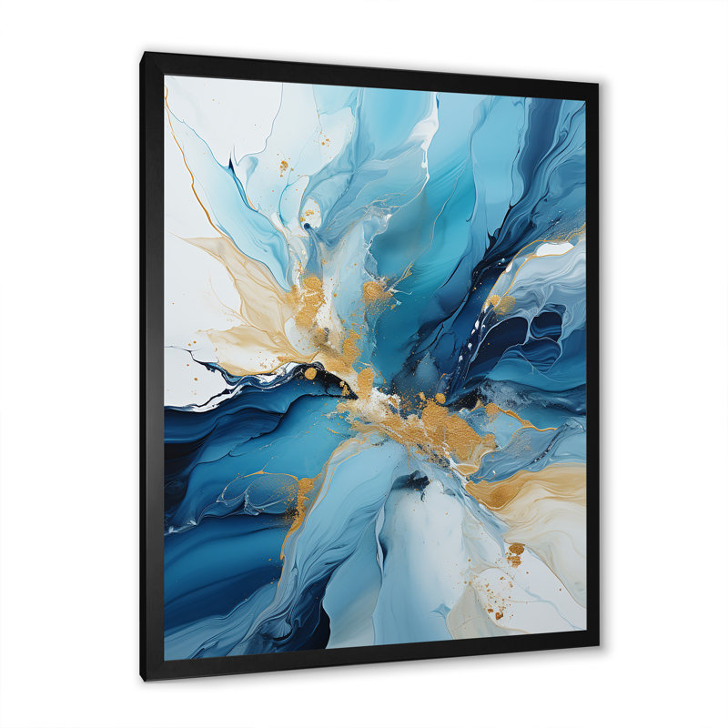 Glacier bleu et blanc II - décoration murale abstraite, Cadre simple noir, H 32 po x l 24 po x P 1 po