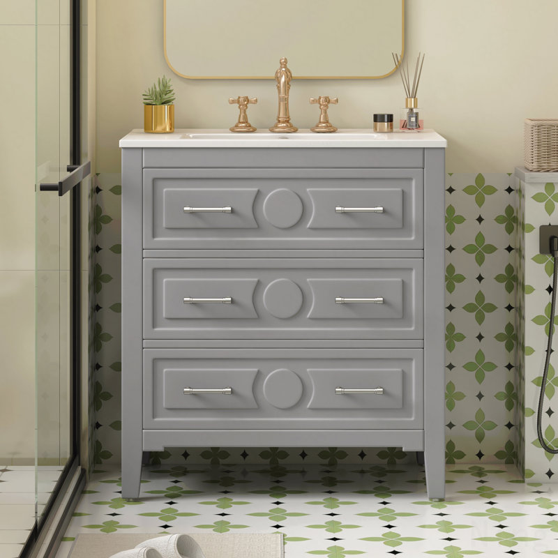 Ensemble de meuble-lavabo avec lavabo en céramique, ensemble de meuble-lavabo simple sur pied, armoire de rangement à cadre en bois massif, 3 tiroirs