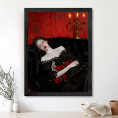 Encadré noir, robe noire rétro et agencement de couleurs rouges, impressions de style gothique foncé