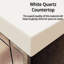 Meuble-lavabo double en chêne gris, comptoir en quartz, corps principal en bois massif, conception à fermeture en douceur, tablette ouverte, espace de rangement supplémentaire avec comptoir poli et scellé, structure,