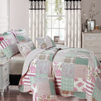 Printed Bedspread Set Floral Pattern with Matching Pillow Shams, Soft Microfiber Coverlet, Lightweight & All-Season Bedding