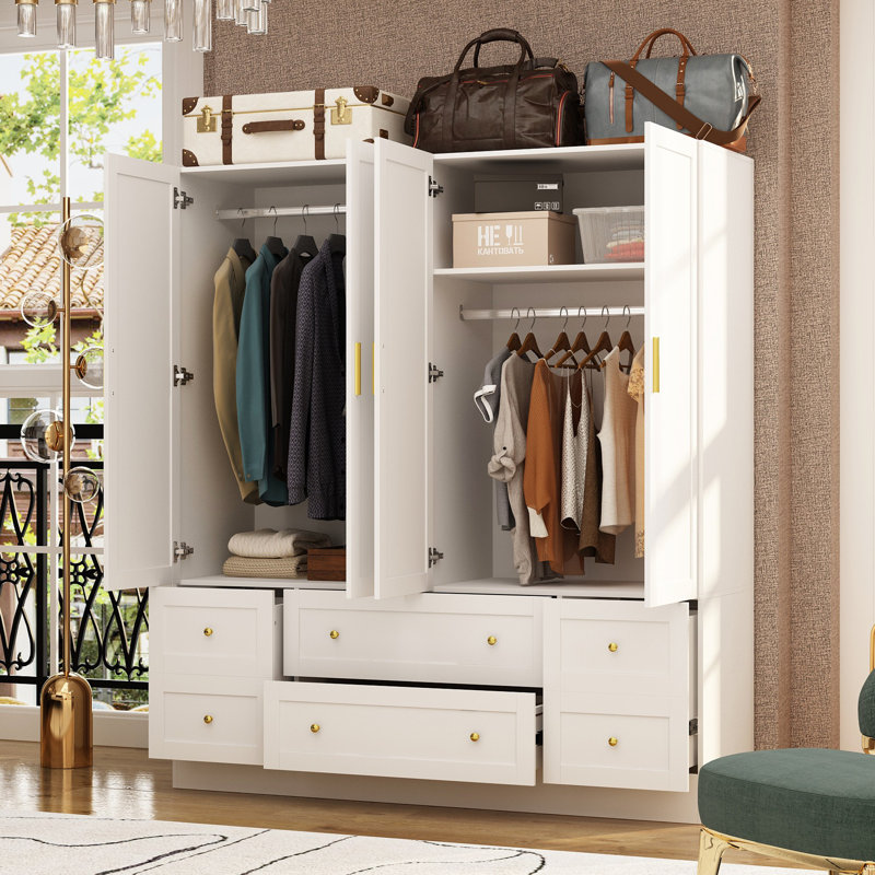 Armoire moderne à 4 portes avec rangement à tiroirs multiples et poignées dorées - Organisateur de garde-robe autoportant l 63 po