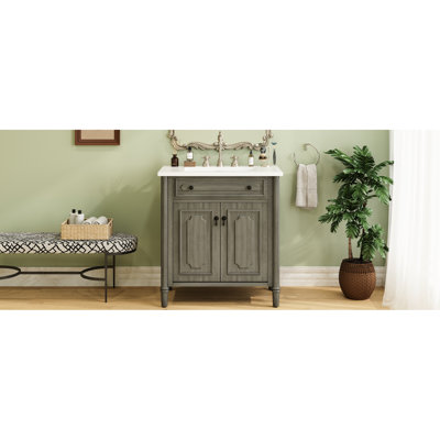 Meuble-lavabo antique gris de 31 po avec lavabo, rangement réglable et pieds cylindriques rainurés en céramique