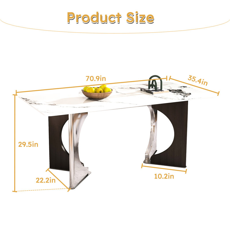Table de salle à manger moderne de luxe 71 "pour 6-8, marbre rectangulaire avec base en acier inoxydable pour tous les utilisateurs