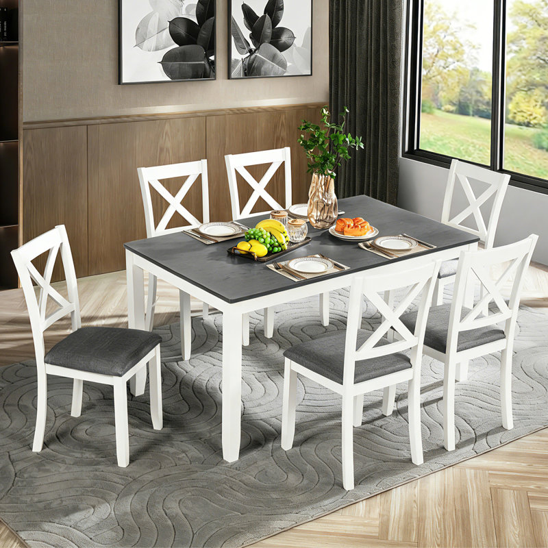 Ensemble de table et chaises de salle à manger en bois massif 7 pièces, table moderne de 58,5 pouces avec 6 chaises rembourrées (style X-Back) pour la cuisine et la salle à manger