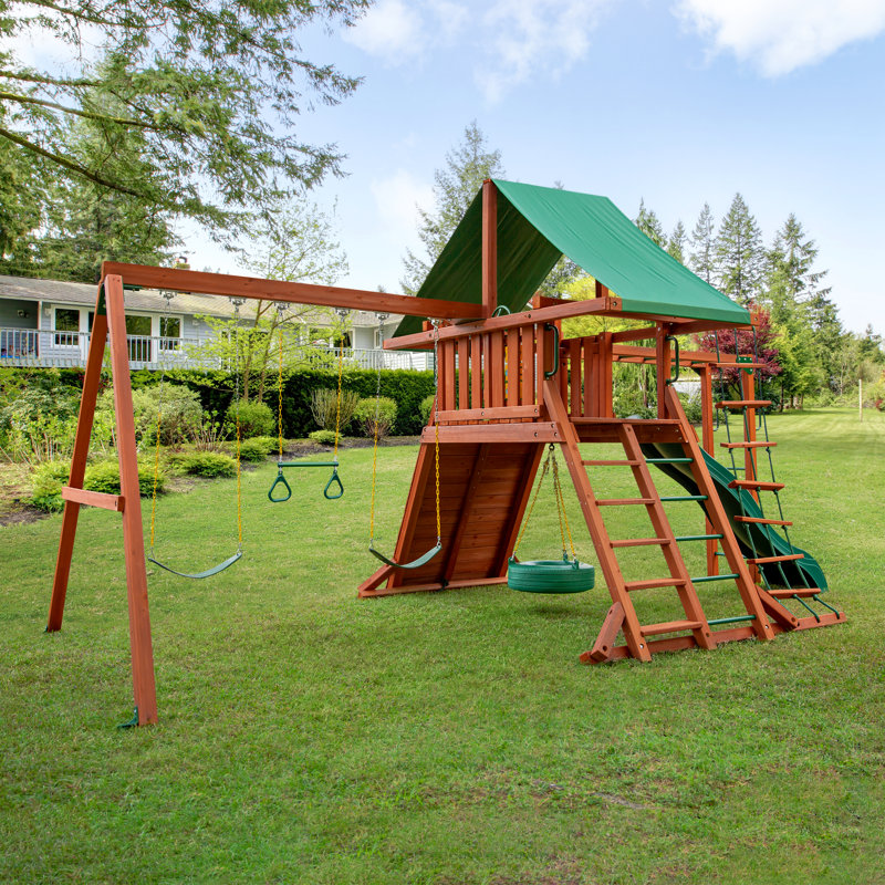 Redwood and Green Cedar Playground System with Slide and Swings