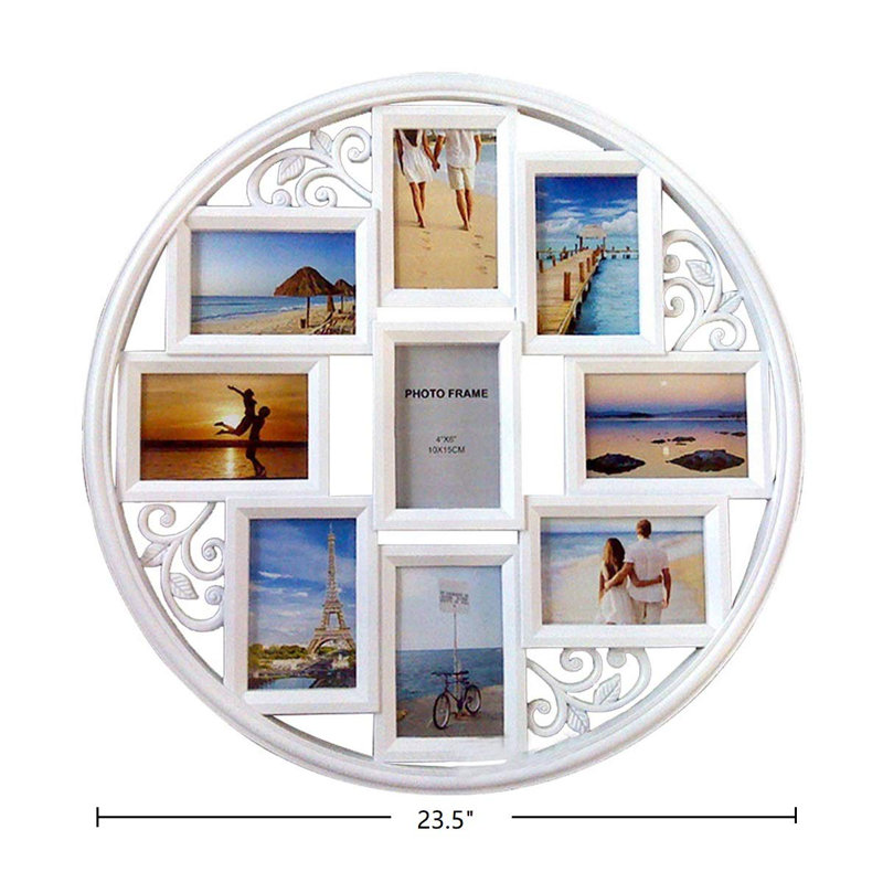 4X6 Wall Collage Picture Frames - Round Circular Wall Hanging Picture Photo Collage Frame With Leaf Decoration, 9- Opening (White)