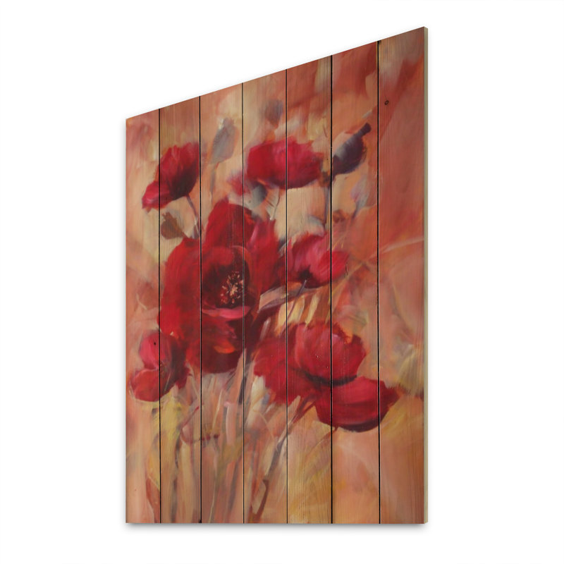 Red Blooming Poppies II - peinture sur bois sans cadre, H 12 po x l 8 po x P 1 po