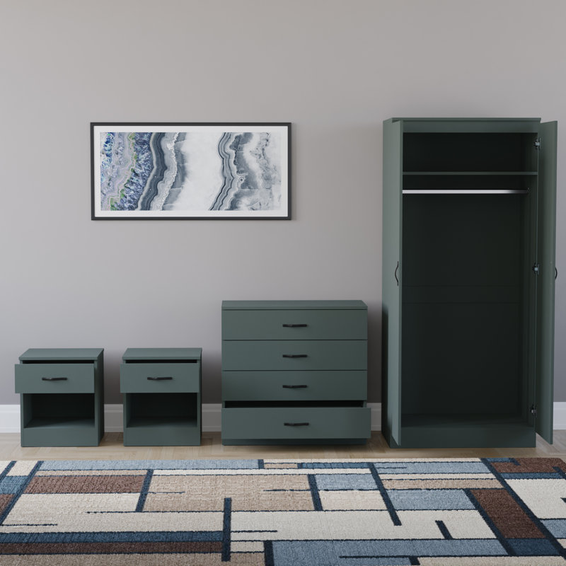 Tayce 4 Piece Bedroom Set (1 Drawer Bedside Cabinet X2, 4 Drawer Chest, 2 Door Wardrobe), Green