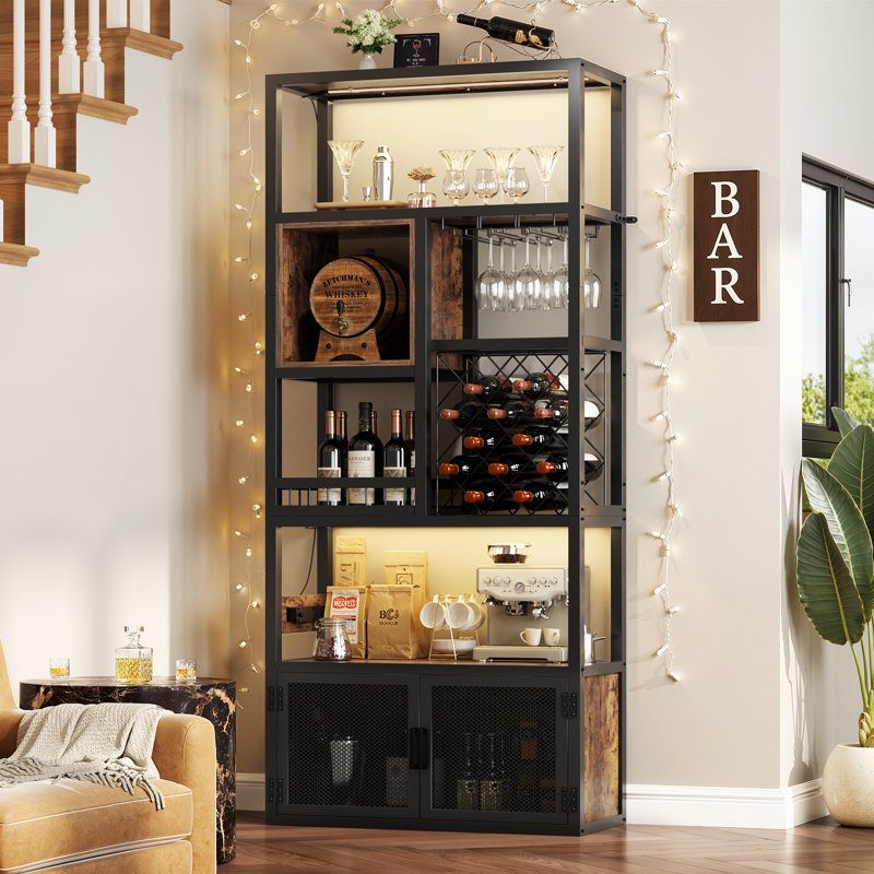 Bar Cabinet with Power Outlets, 6-Tiers Storage Cabinet Coffee Bar, Brown