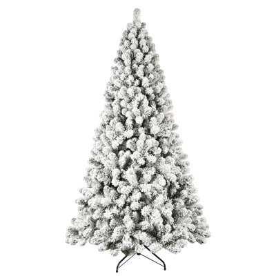 Arbre de Noël 8 pi avec une finition floquée, 500 lumières blanches chaudes et une ambiance festive pour une ambiance hivernale