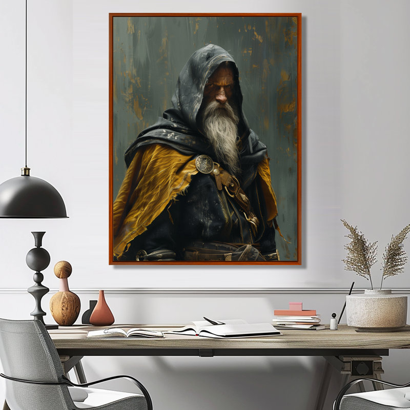 Yellow Grey Viking Wizard - Wizards Wall Decor, 16" H x 32" W, Brown Floater Framed