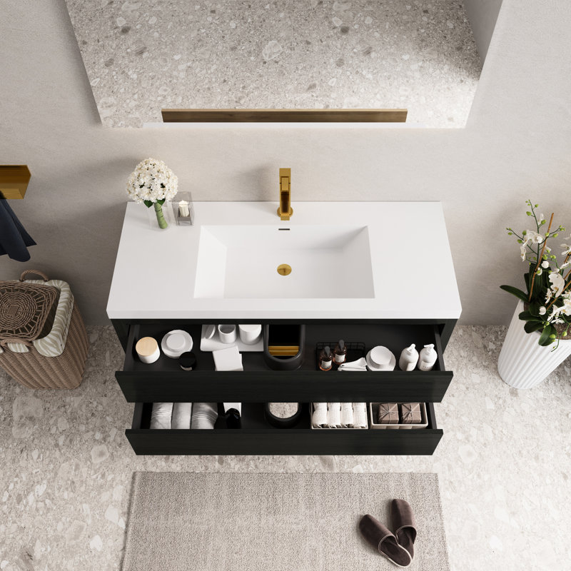 Meuble-lavabo mural flottant de 48 po avec lavabo, comptoir en résine de pierre, bois, tiroirs à fermeture en douceur préassemblés, intérieur spacieux en forme de U, rangement sécuritaire et sécuritaire