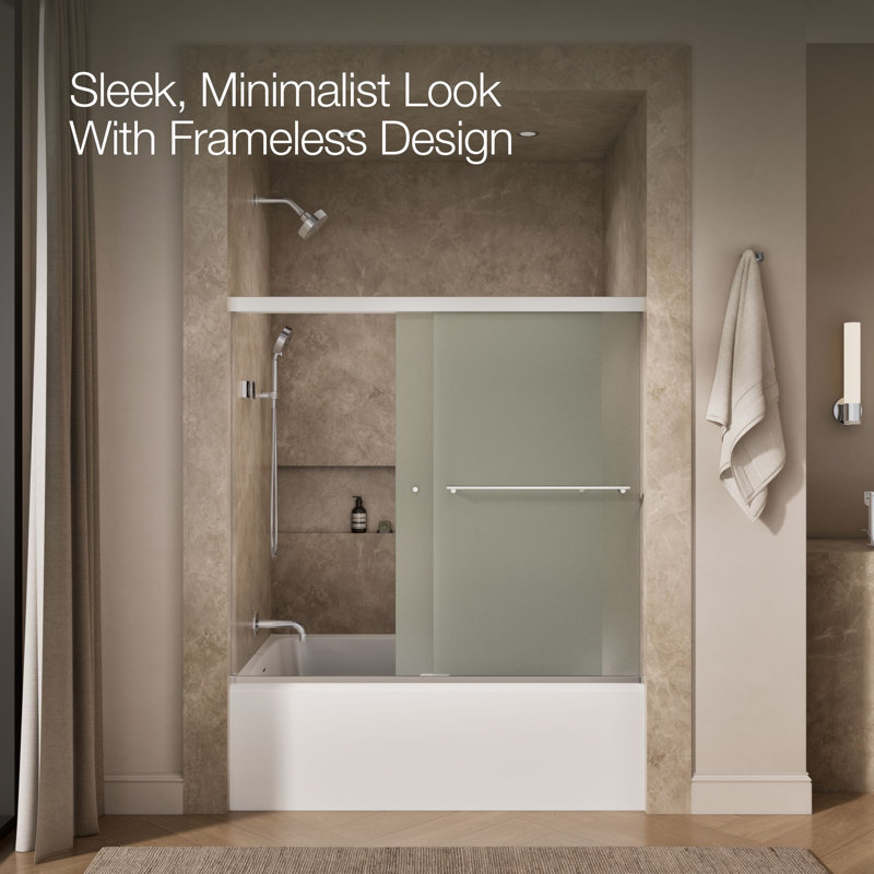 Revel 59.63'' x 55.5'' Double Sliding Bath Door with CleanCoat® Technology, Bright Polished Silver, Frosted