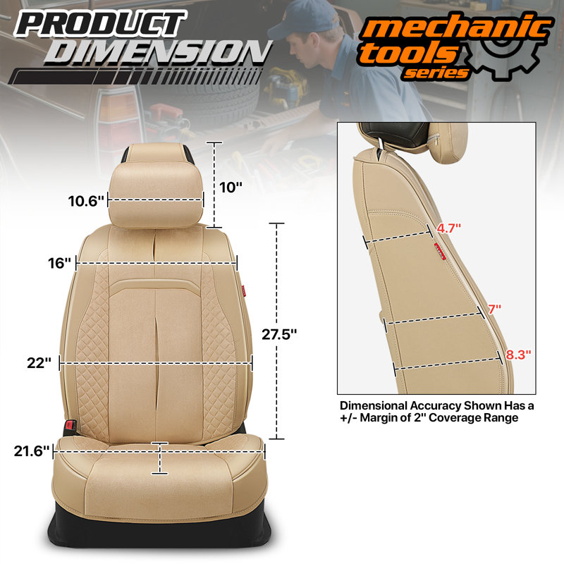 Voris Series Seat Covers Full Set With Headrest, Airbag Compatible, Reserved Opening Holes, Universal For Cars, Beige